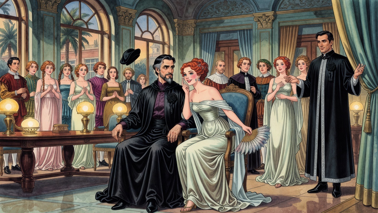 A red-haired young woman in sea-green flirts with the bearded Master amid glittering courtiers.