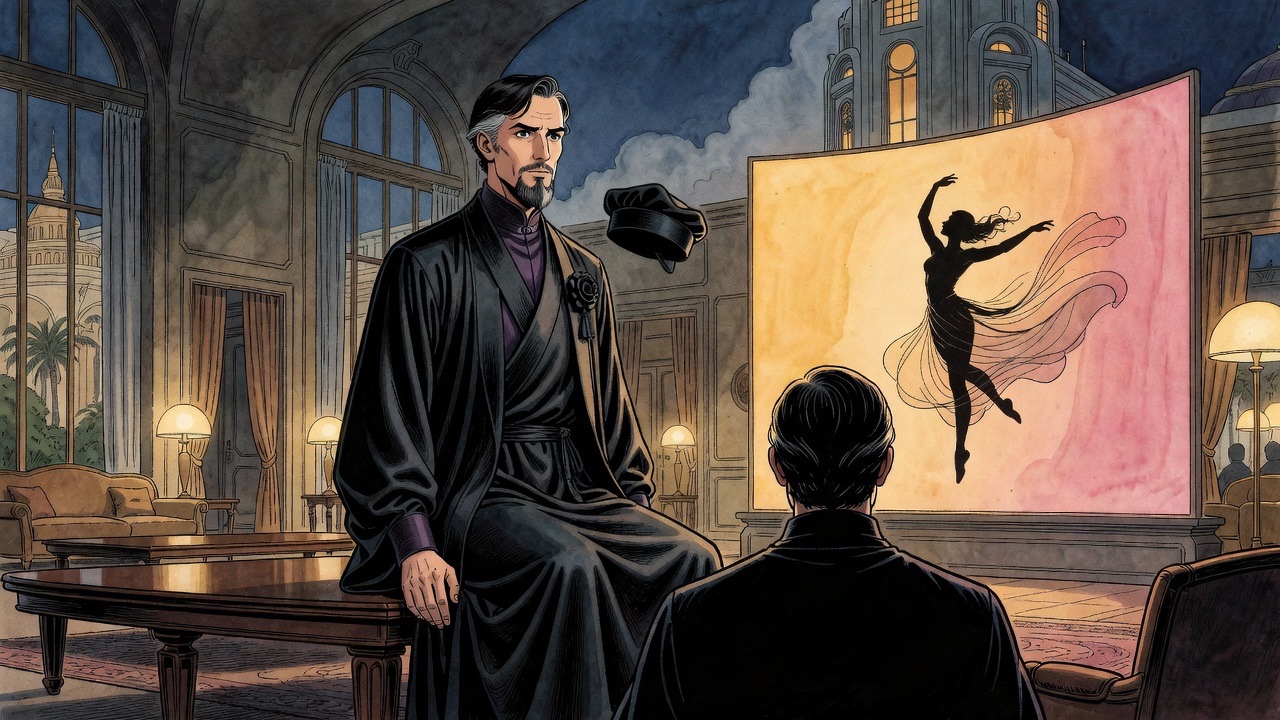 A dancer in silhouette performs against a glowing screen while the bearded Master watches from the dark.