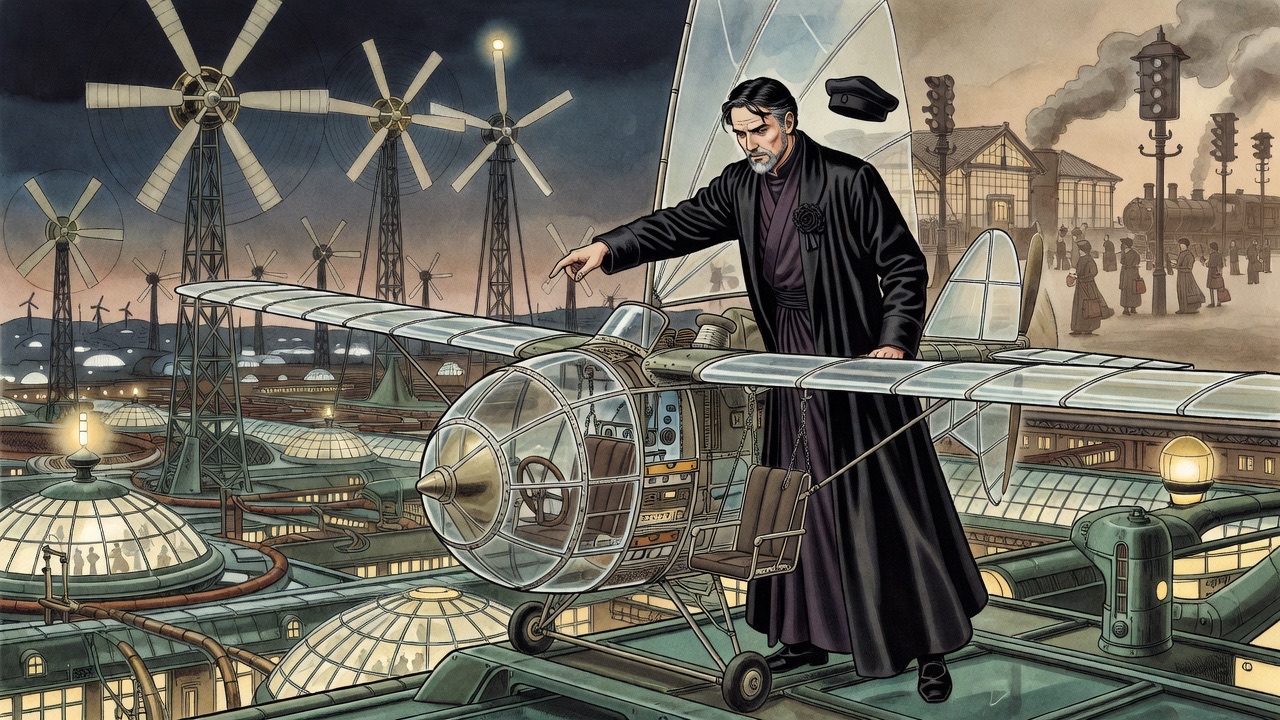 A monoplane circles over the future city while a ghostly Victorian railway station with smoke and signals shows through beneath it.