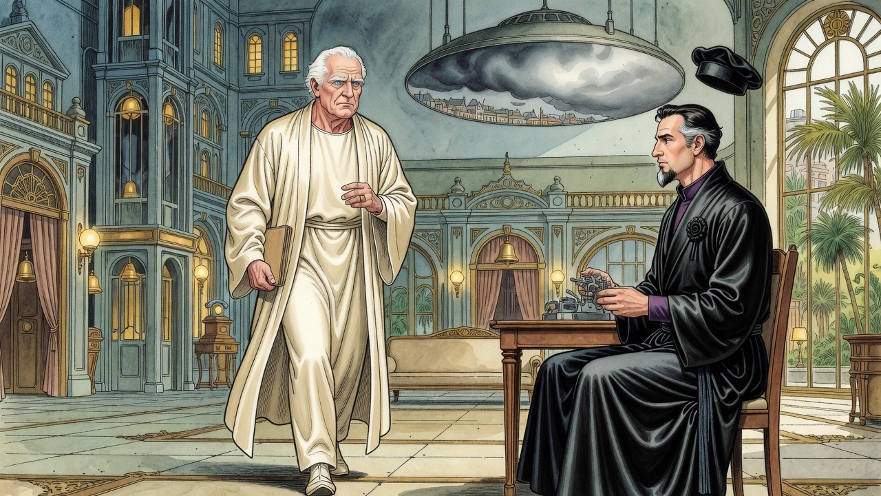 An imposing white-haired man in cream silk bows slightly and reports, while the bearded Master only half-listens over a machine model.