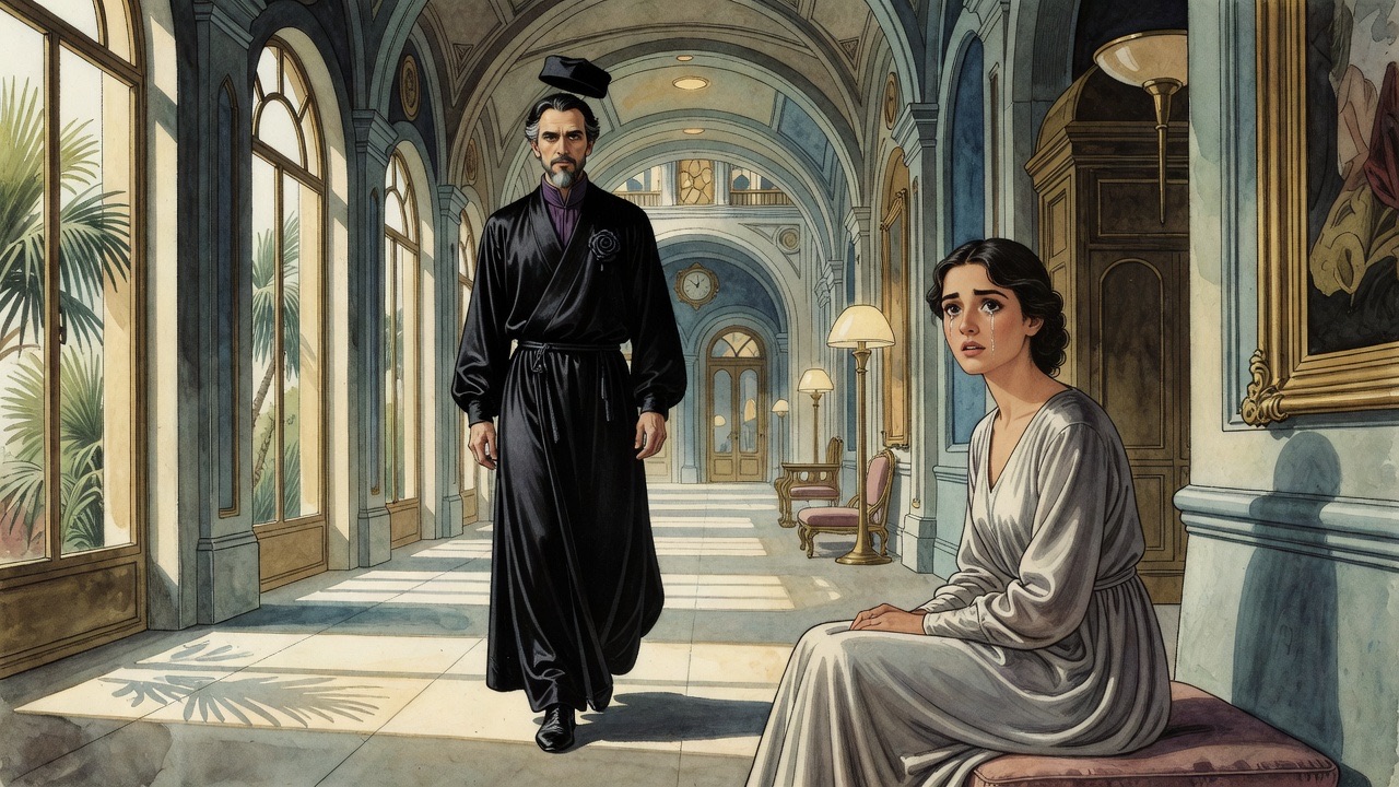A long quiet gallery of arched recesses over a sunlit palm court, a small black-robed man walking toward a seated girl in grey.