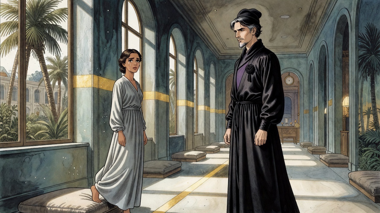 Side view of the young woman risen a step toward the Master, both standing still in the window light between them.