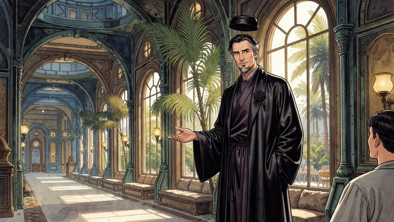 Low angle on the black-robed Master extending a gentle open hand, inviting her to speak.