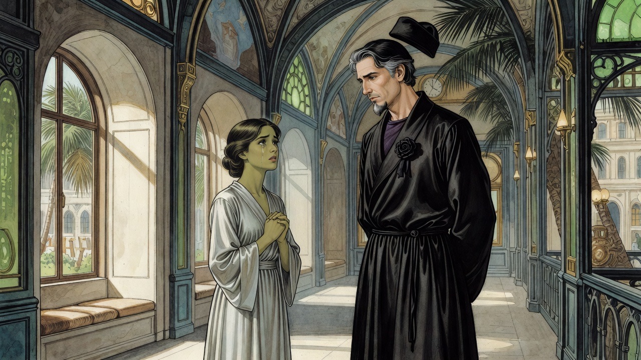Over the Master's shoulder, the young woman draws a deep breath, hands clasped at her breast, eyes troubled.