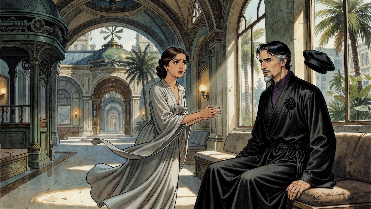The young woman turns sharply toward the Master, one hand outstretched, face alight with resolve.