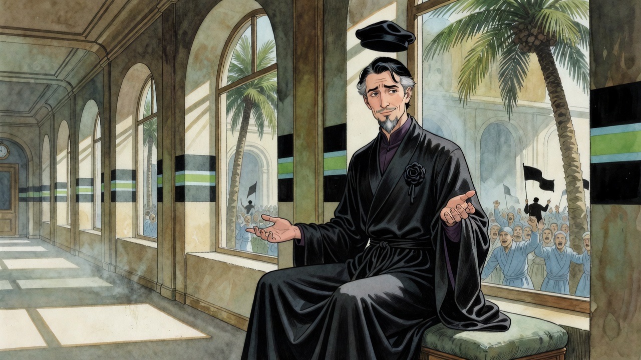 The Master sits with a wry half-smile, striped by palm shadows, a faint image of cheering multitudes in the window glass behind.