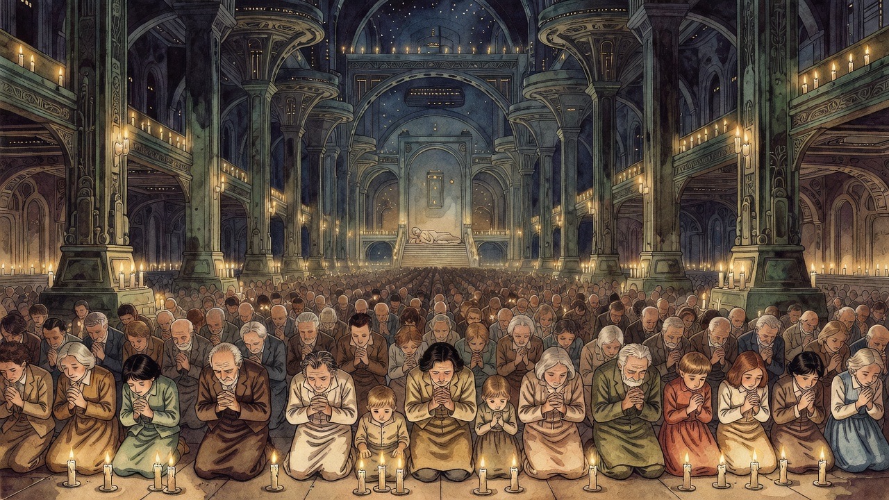 Imagined vignette of multitudes across generations kneeling in prayer toward a distant light.