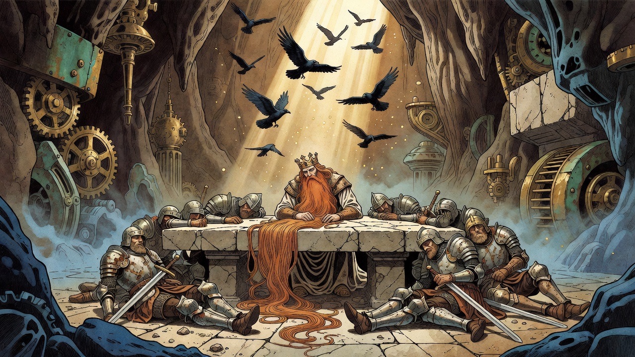 A legendary bearded king sleeps seated in a mountain cavern, his beard grown through a stone table.