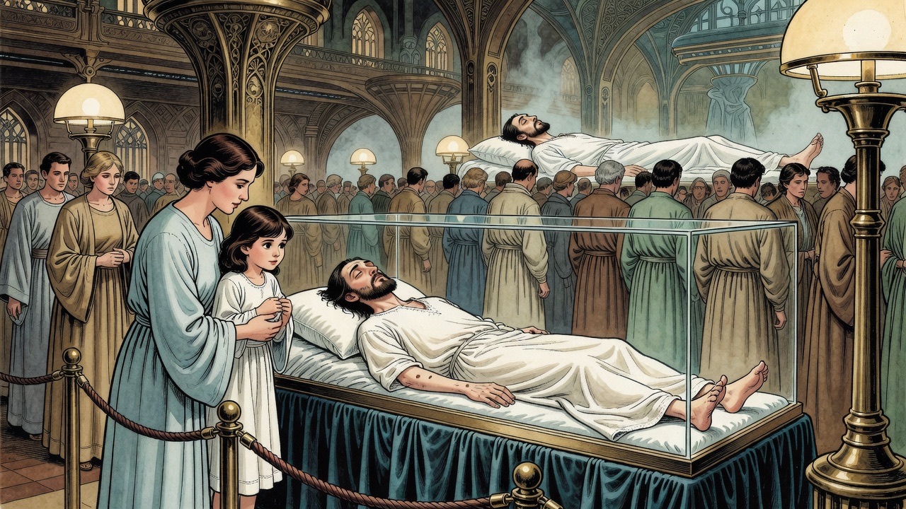 A little girl is lifted up by her mother to look at a still white-robed man lying in a glass case as a line of people files past.