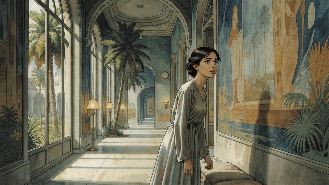 The young woman in profile stares at the painted wall, voice falling, lost in memory.