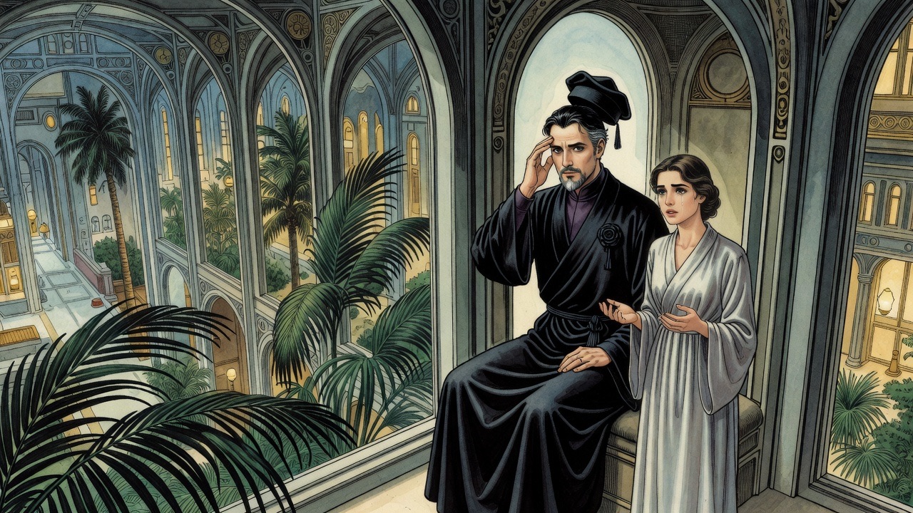 From above, the tiny recess holds the two figures while enormous palm fronds press against the window beside them.