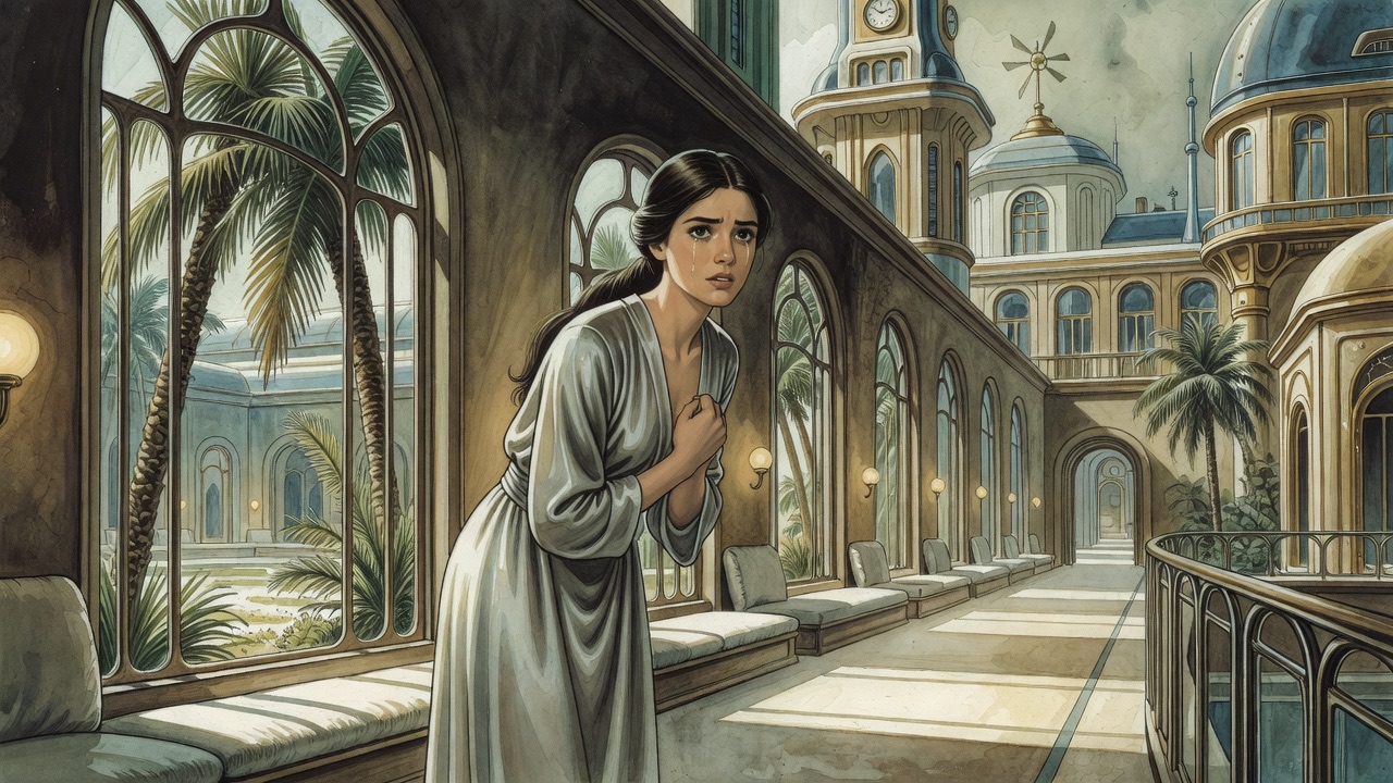 Low angle close on the young woman leaning forward, fist at her breast, daring him.