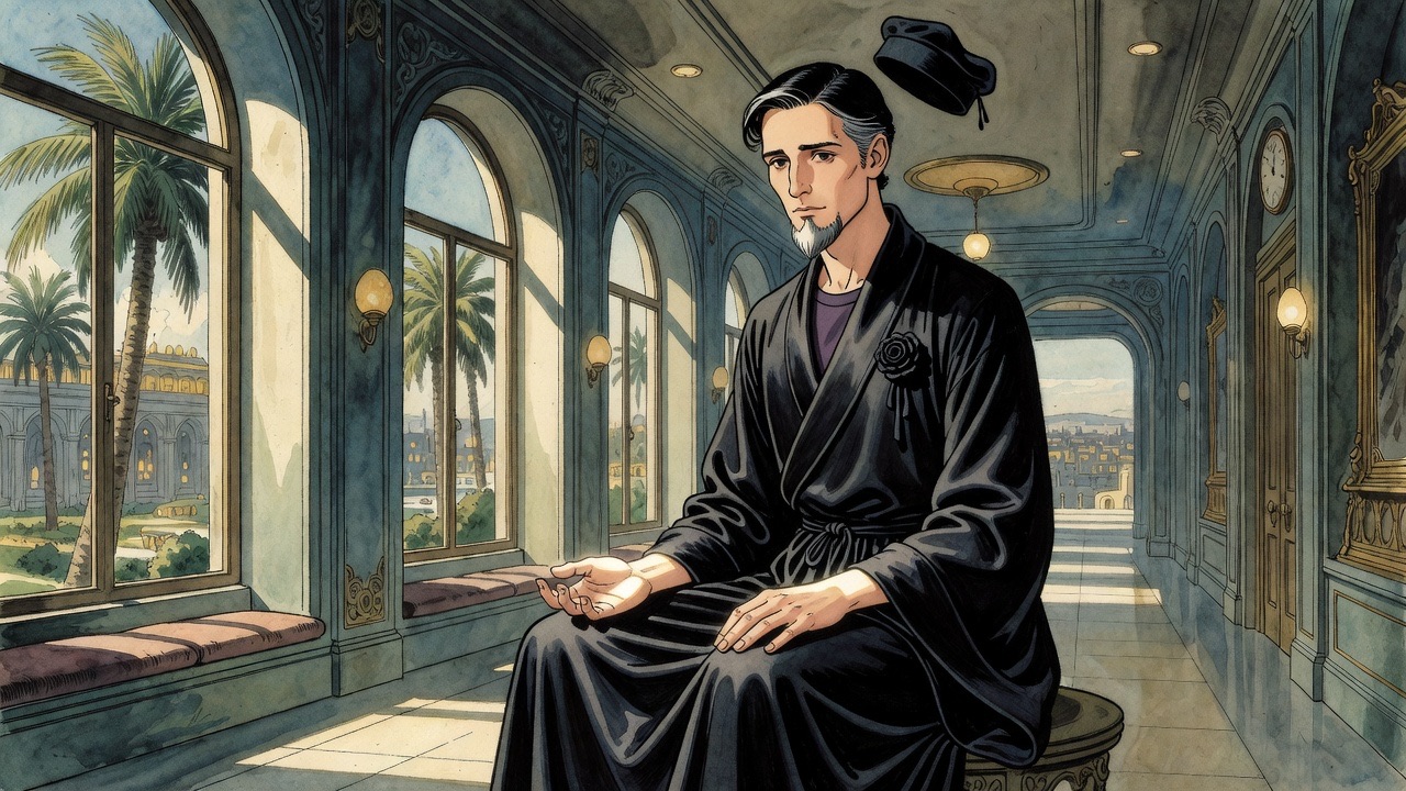 Insert of the Master's open, empty hands resting on the black silk of his knees.