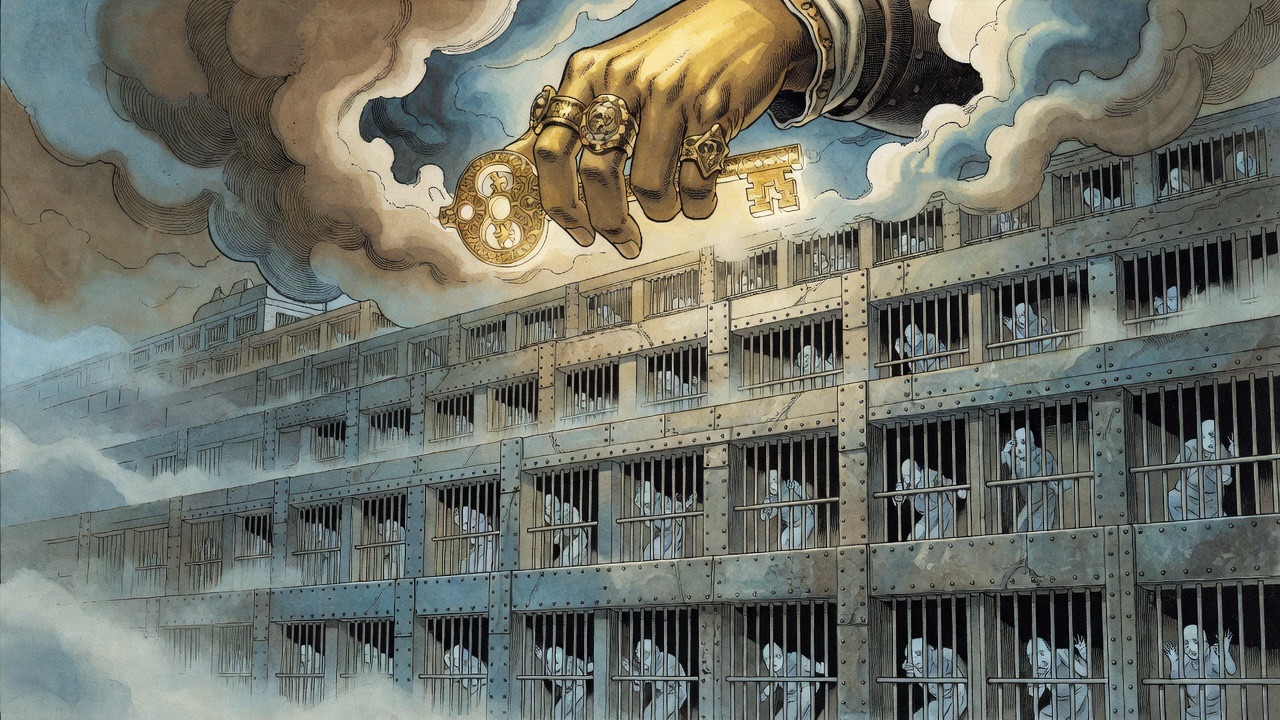 Allegorical vignette of a giant gilded hand holding a key above a city built like a prison of cells.