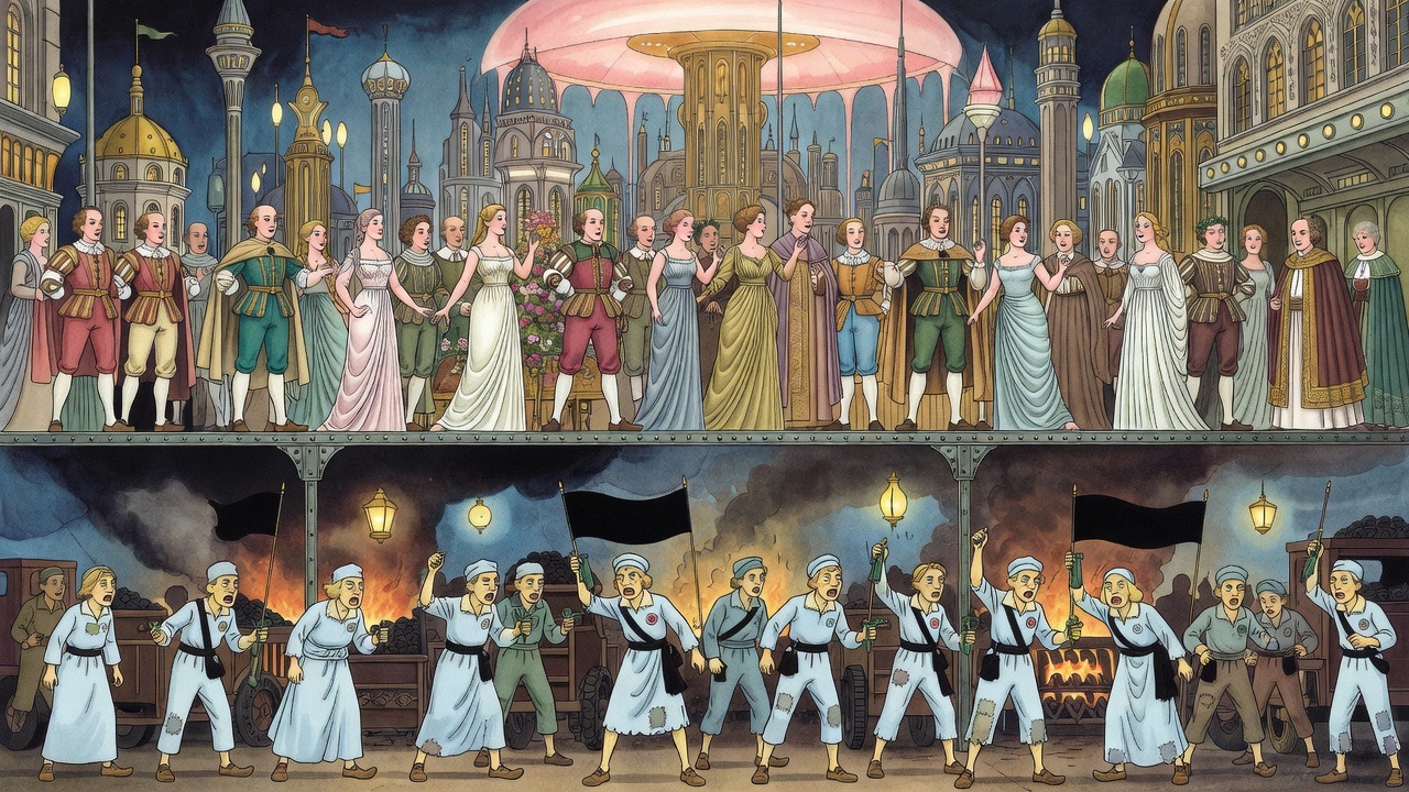 A split-level vignette: elegant revellers under a glowing dome above, exhausted blue-clad toilers in darkness below.