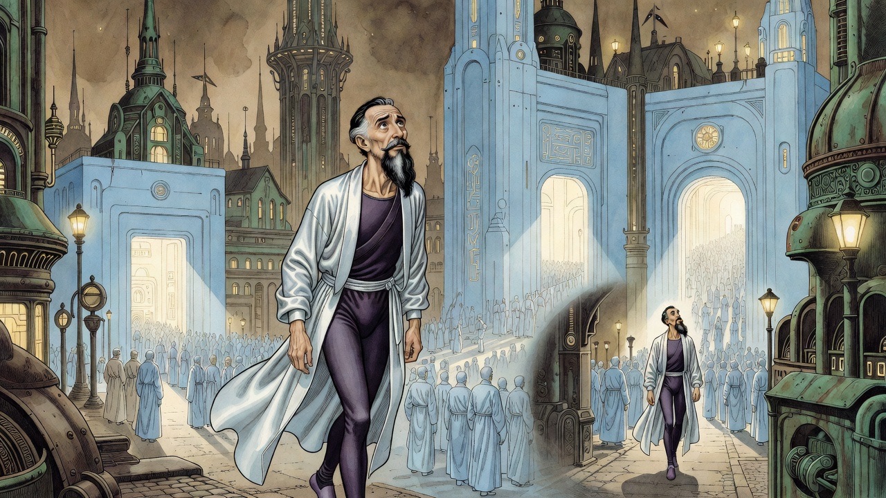 Remembered vignette: a small figure in satin wanders at night beneath huge building façades coloured pale blue.