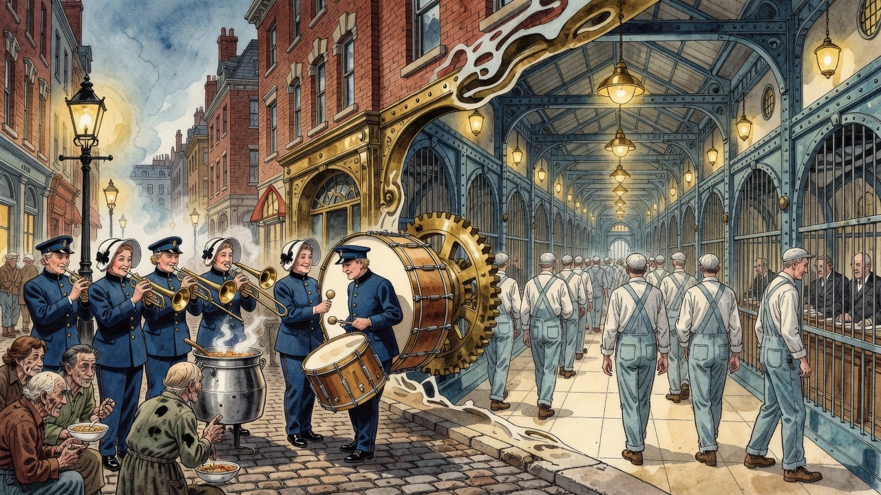 A vignette showing a Victorian Salvation Army street band dissolving into a stern latter-day office of blue-clad labourers.