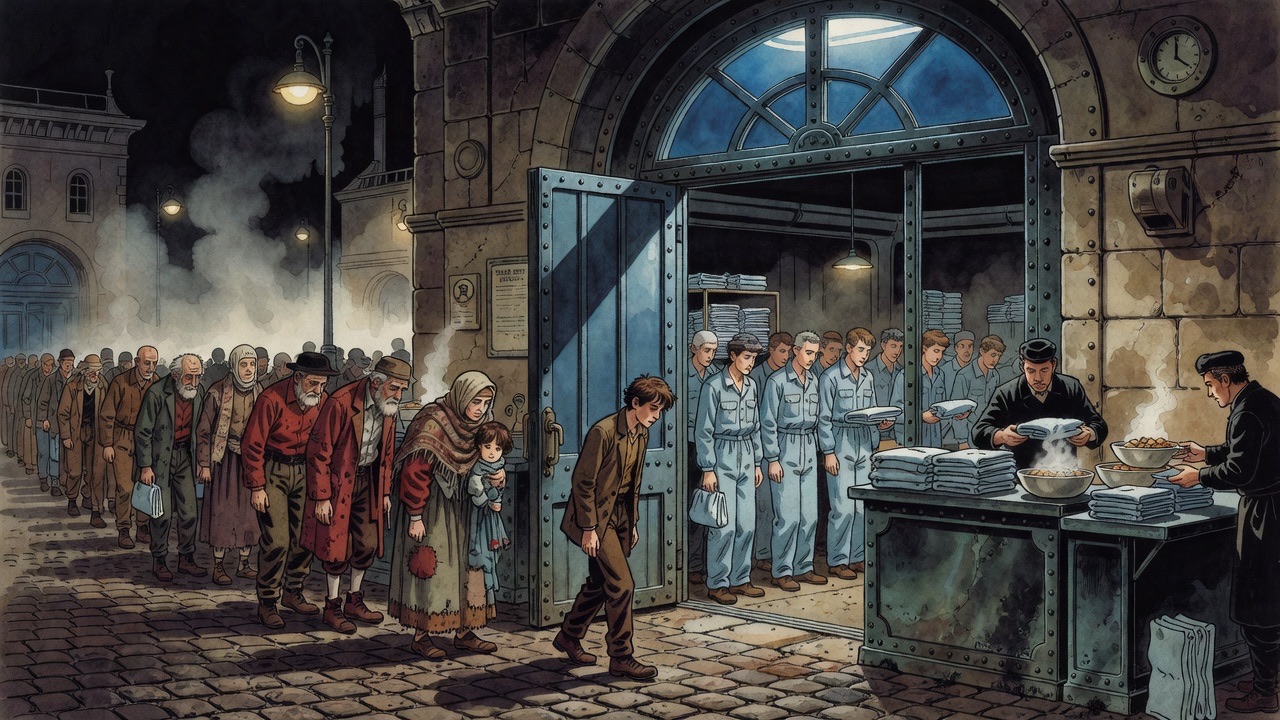At night, a line of ragged, hungry people shuffles into a glowing blue doorway where uniforms and bowls are handed out.