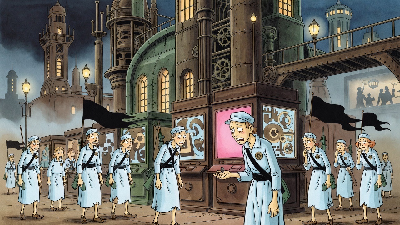 A tired blue-clad worker stands under a kinematograph arcade glare, looking at the single coin in his palm.