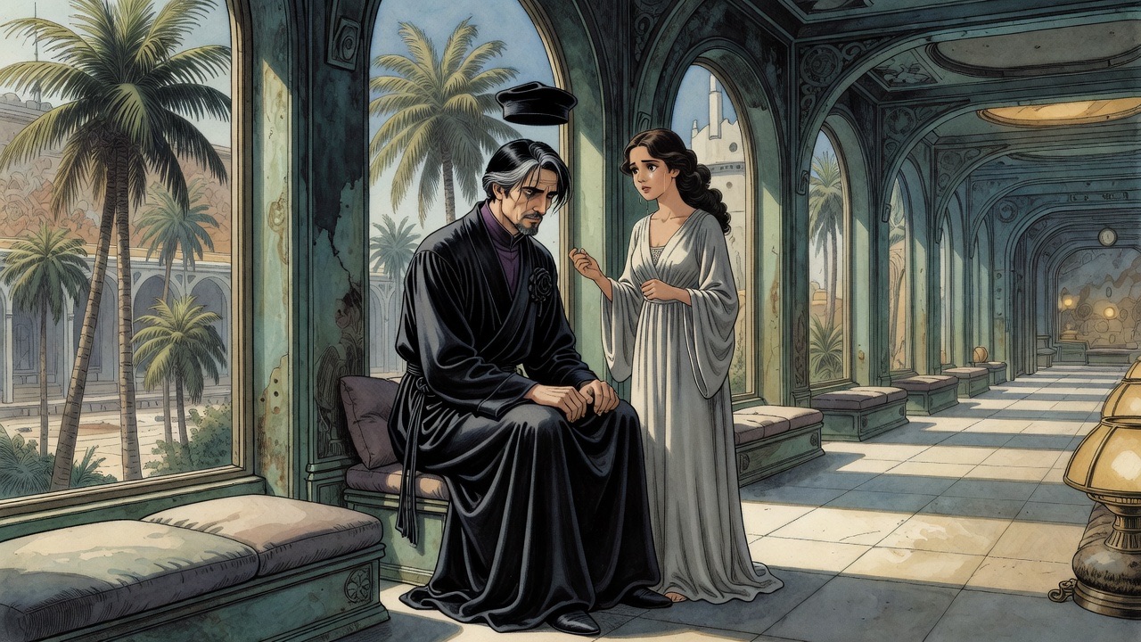 The Master sits bowed on the cushioned seat, head low, while the young woman stands quietly beside him.
