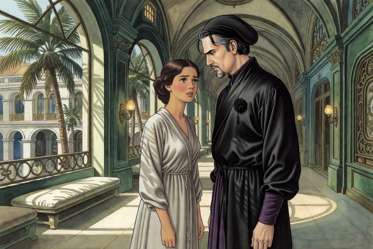 Tight two-shot of the young woman's tear-bright eyes and the Master's face softening as he looks at her.