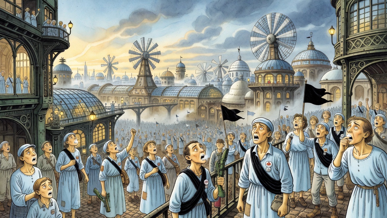 Montage vignette of crowds in blue in many cities lifting their faces toward the sky, waiting.