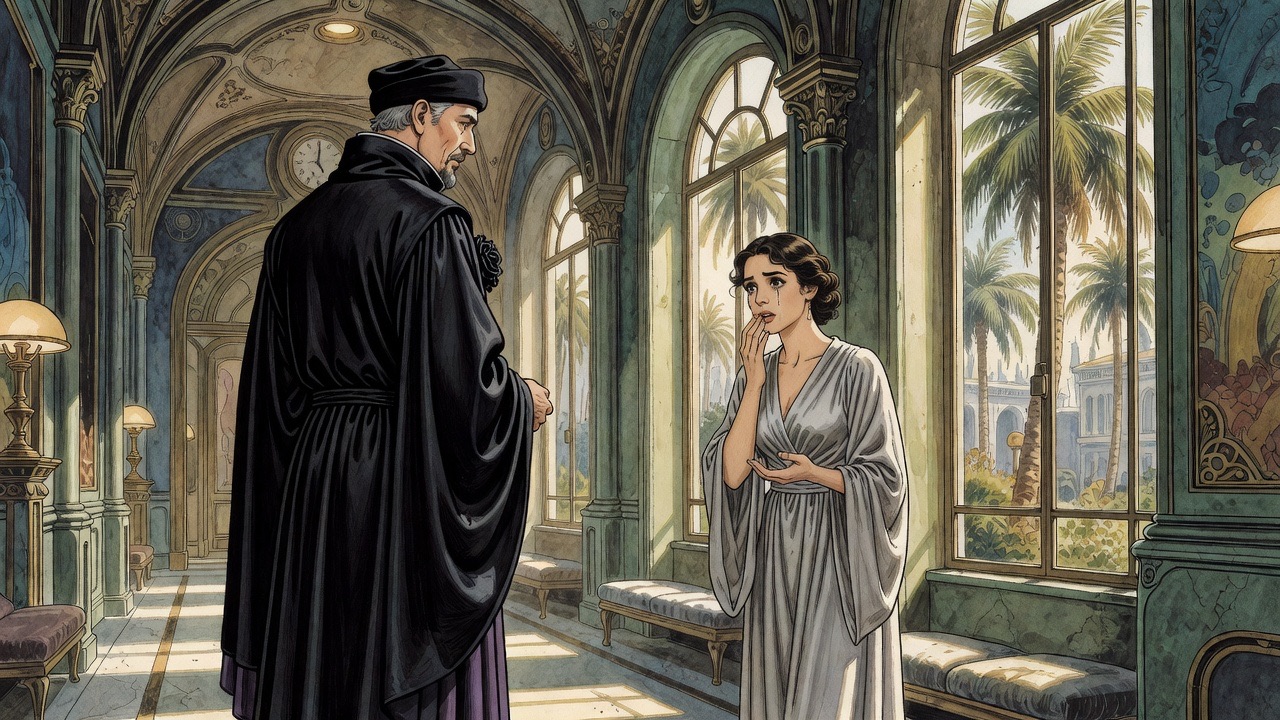 Across the recess, the young woman's startled face softens into pity as the Master stands apart, alone.