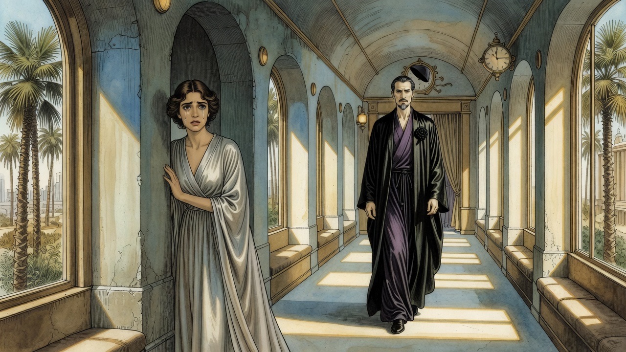 From the recess, the young woman watches the black-robed Master walk away down the long gallery.