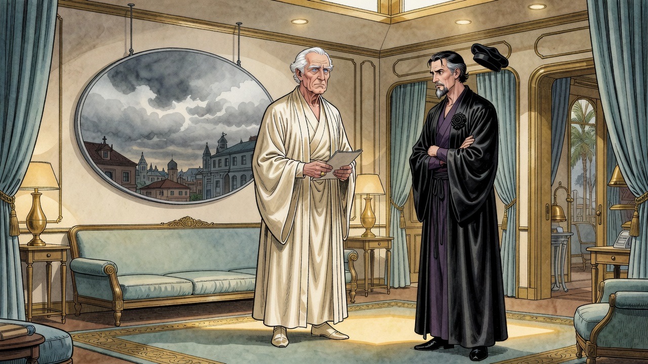 In a bare room with a great grey oval disc on the wall, a white-haired man in cream silk reports to the black-robed Master, who presses him with questions.