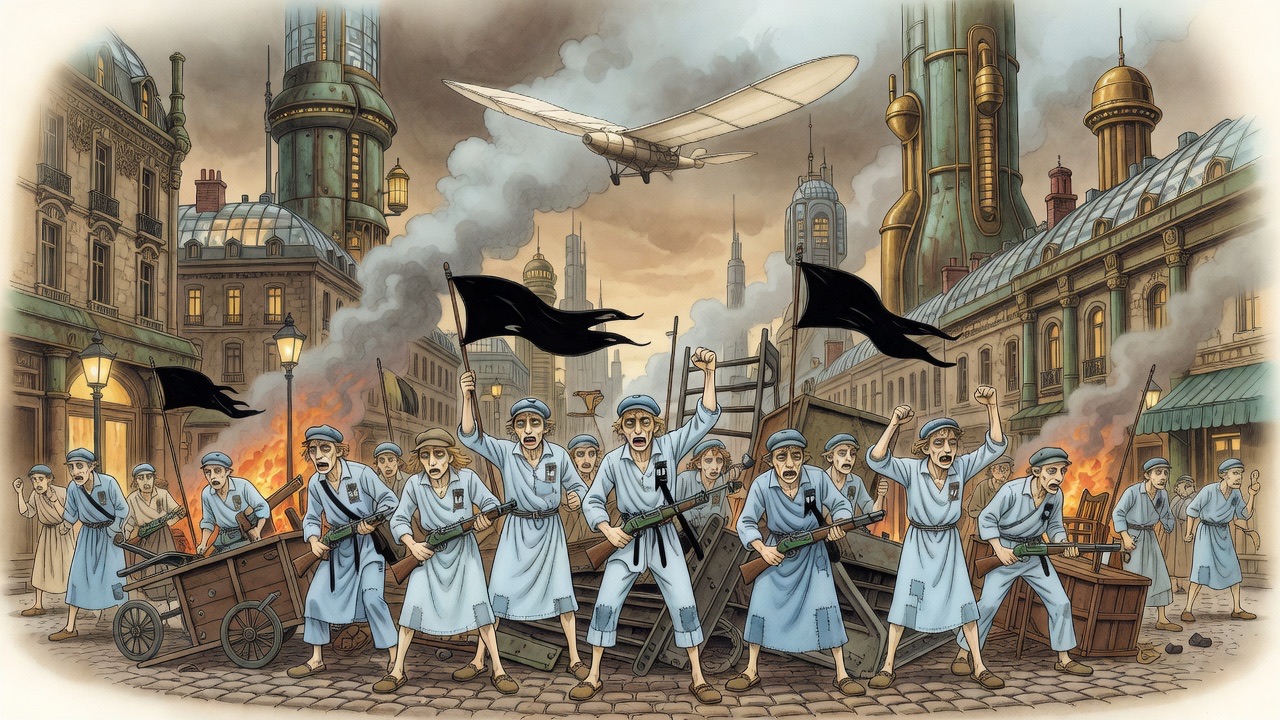 Imagined vignette of a barricade in a future Paris, crowds in blue with black flags beneath aeroplanes.