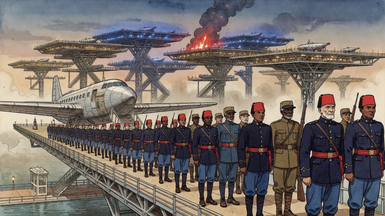 Disciplined ranks of African soldiers in indigo tunics and red fezzes disembark from a giant aeroplane onto a flying stage.