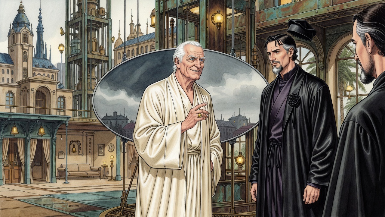 Over the Master's shoulder, the old man in cream smiles and makes an explicit, lecturing gesture.
