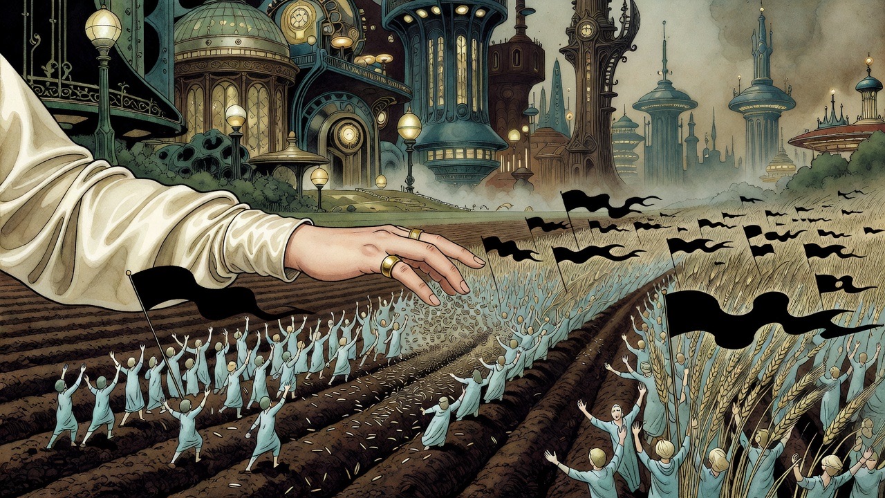 Allegorical vignette of a great hand scattering seed from which surging crowds spring up.