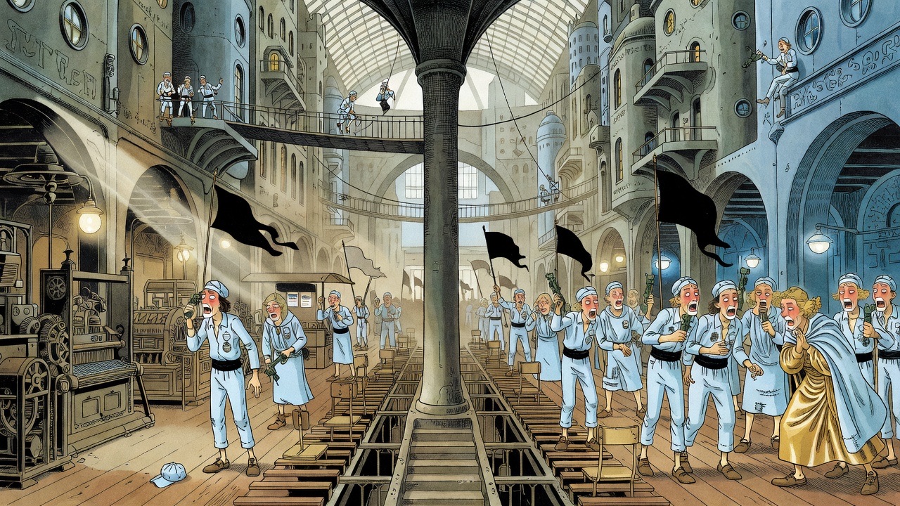 An empty factory of silent machines on one side, and on the other the ways swarming with idle blue-clad crowds.