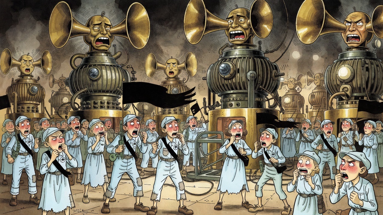 Great brass-horned Babble Machines bray over a hall of blue-clad listeners.