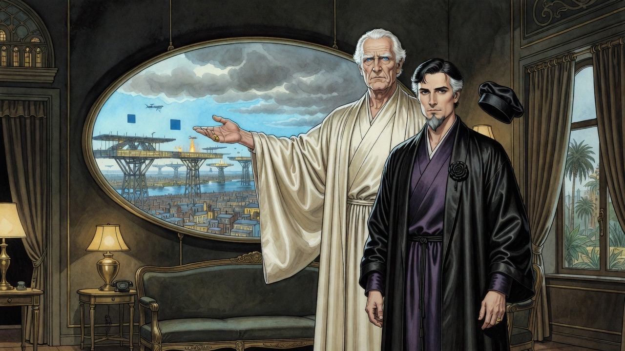 The old man sweeps a hand toward the great disc, now showing a panoramic view of flying stages and aeroplanes over the city.