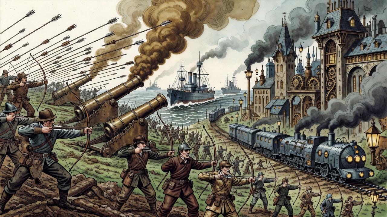 Imagined vignette of medieval bowmen fading into cannon, ironclads and railways.