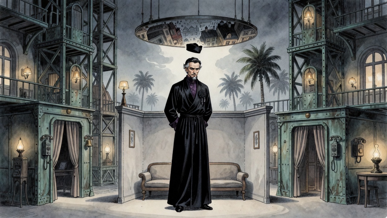 The Master stands alone in silhouette before the dim grey disc, lost in thought.