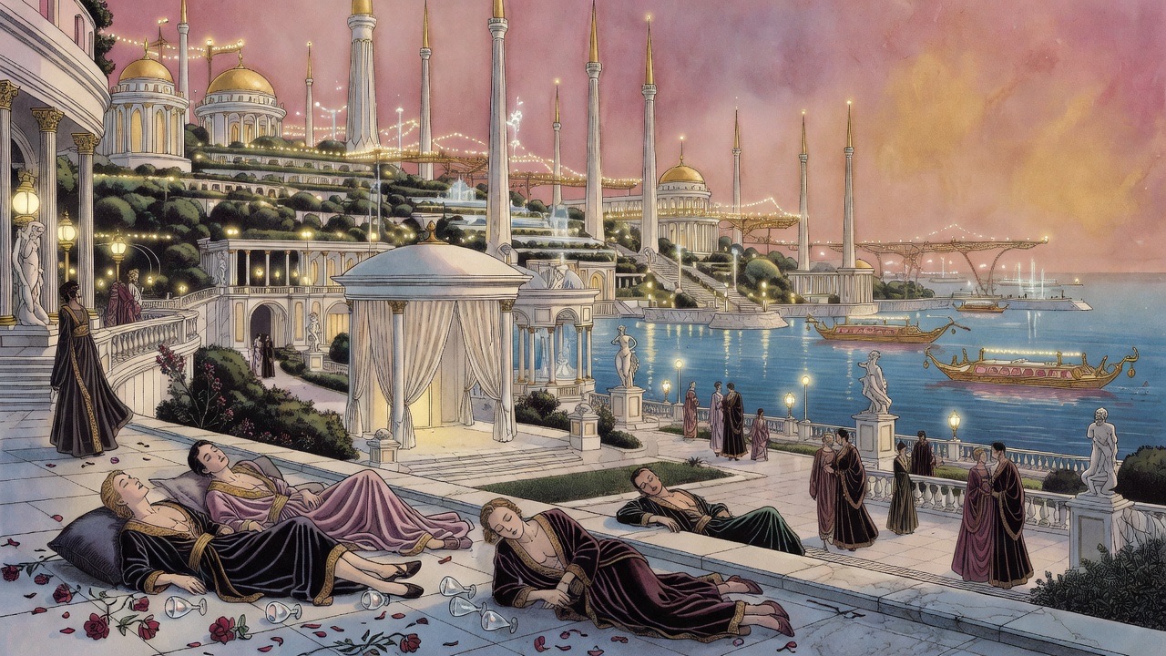 Imagined vignette of a beautiful, faintly sinister Pleasure City at dusk, languid couples drifting among white towers.