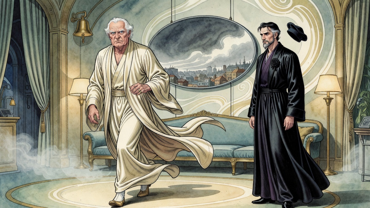 The old man paces across the room, cream robe swirling, while the Master watches.