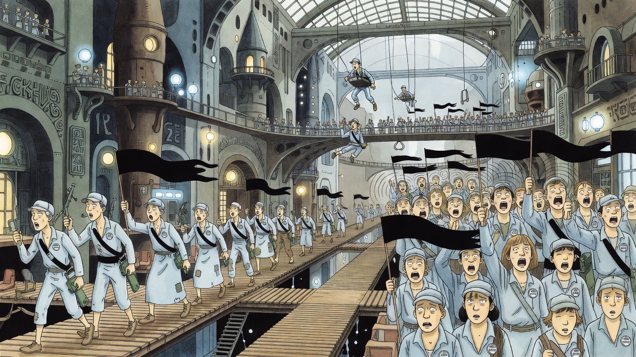 Imagined vignette of a vast singing crowd in blue with black banners, mouths open in unison.