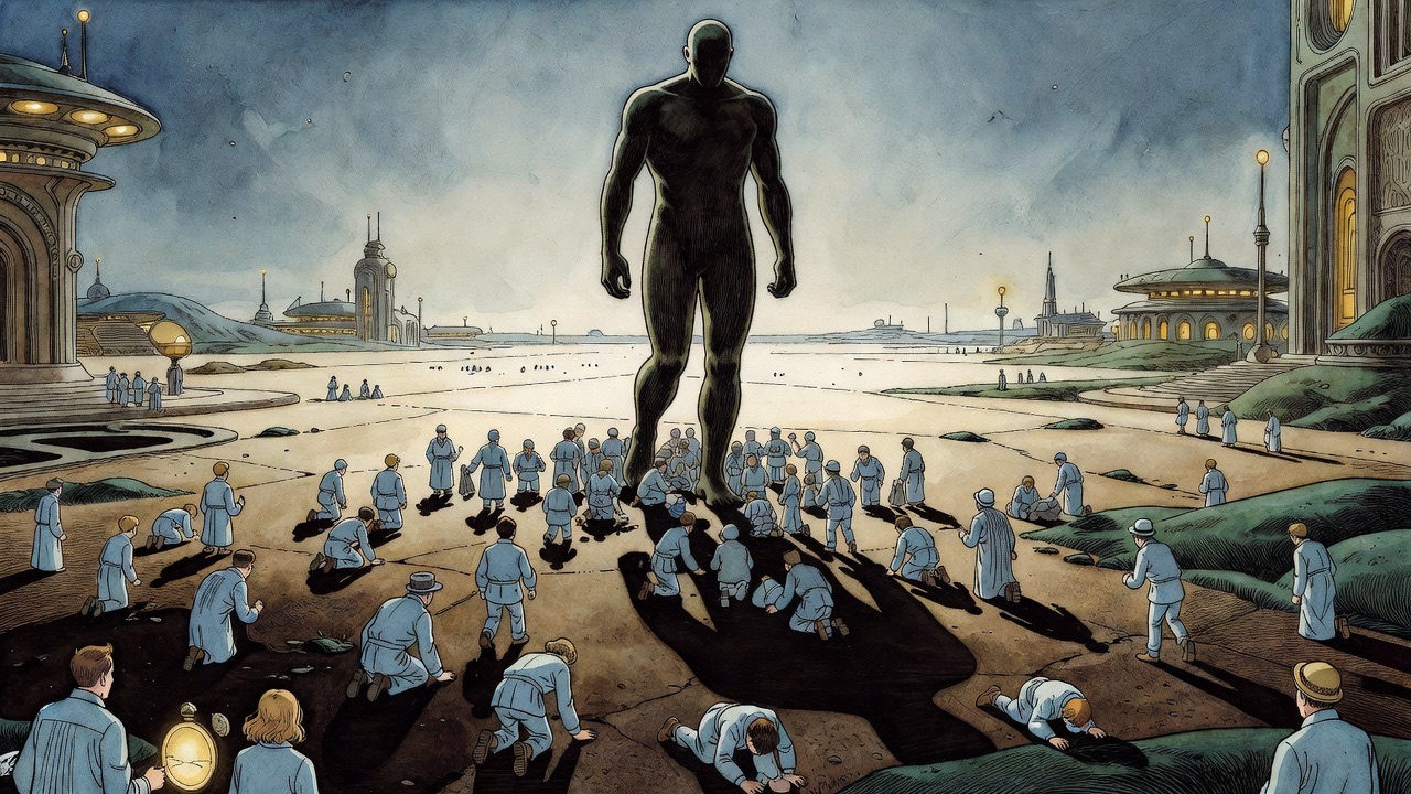 Allegorical vignette of a towering shadowy figure striding over crowds of tiny people.