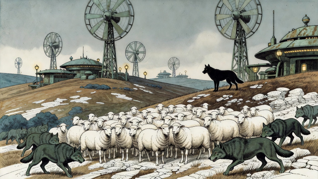 Imagined vignette of wolves circling a flock of sheep on chalk downs beneath giant wind-wheels.