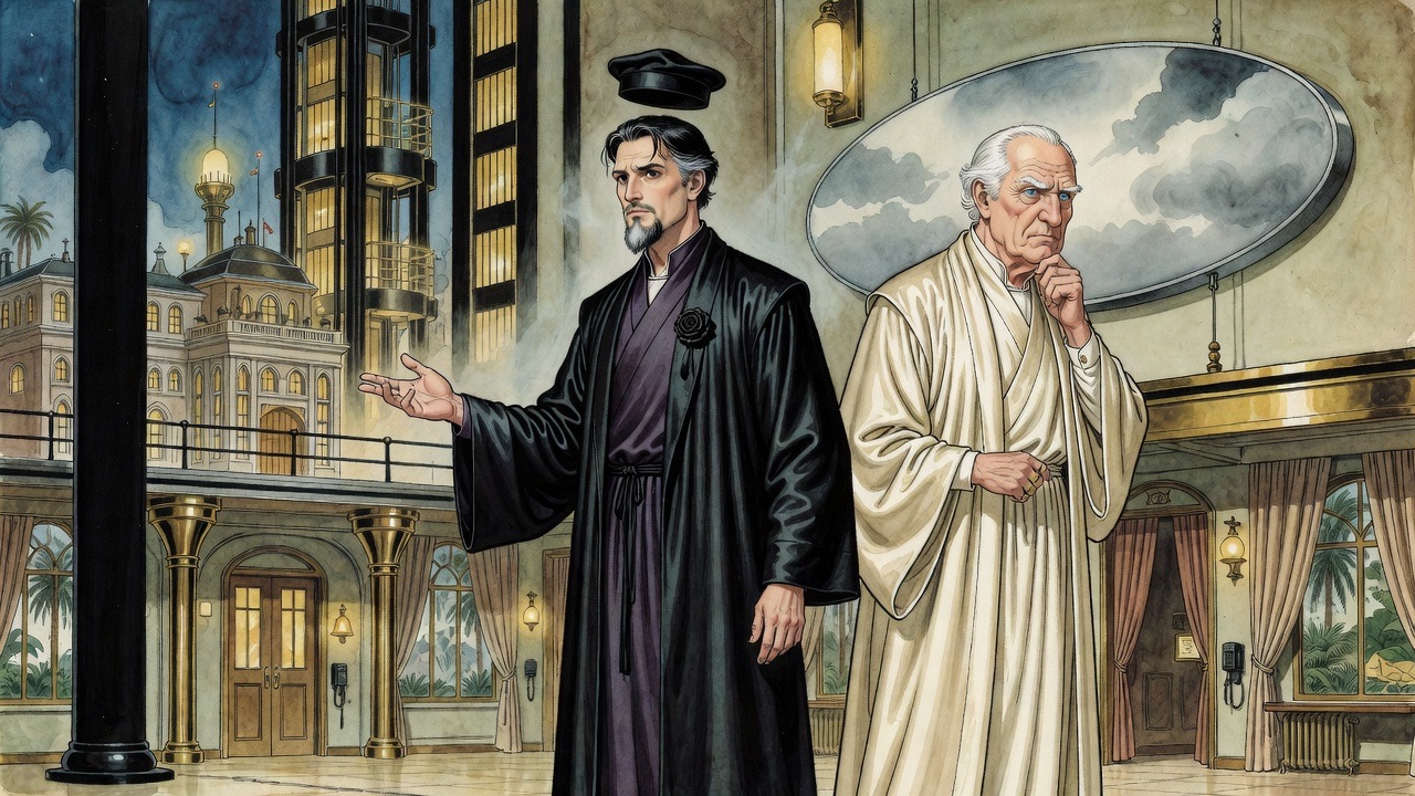 The Master stands upright in confident command, while the old man turns aside, suddenly preoccupied.