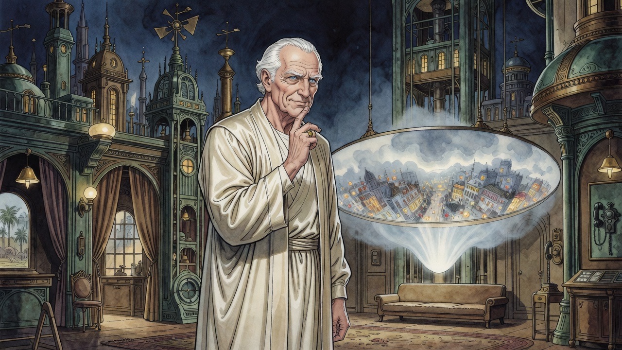 Close on the old man's calculating face, lit from the grey disc, a flicker of decision behind his eyes.