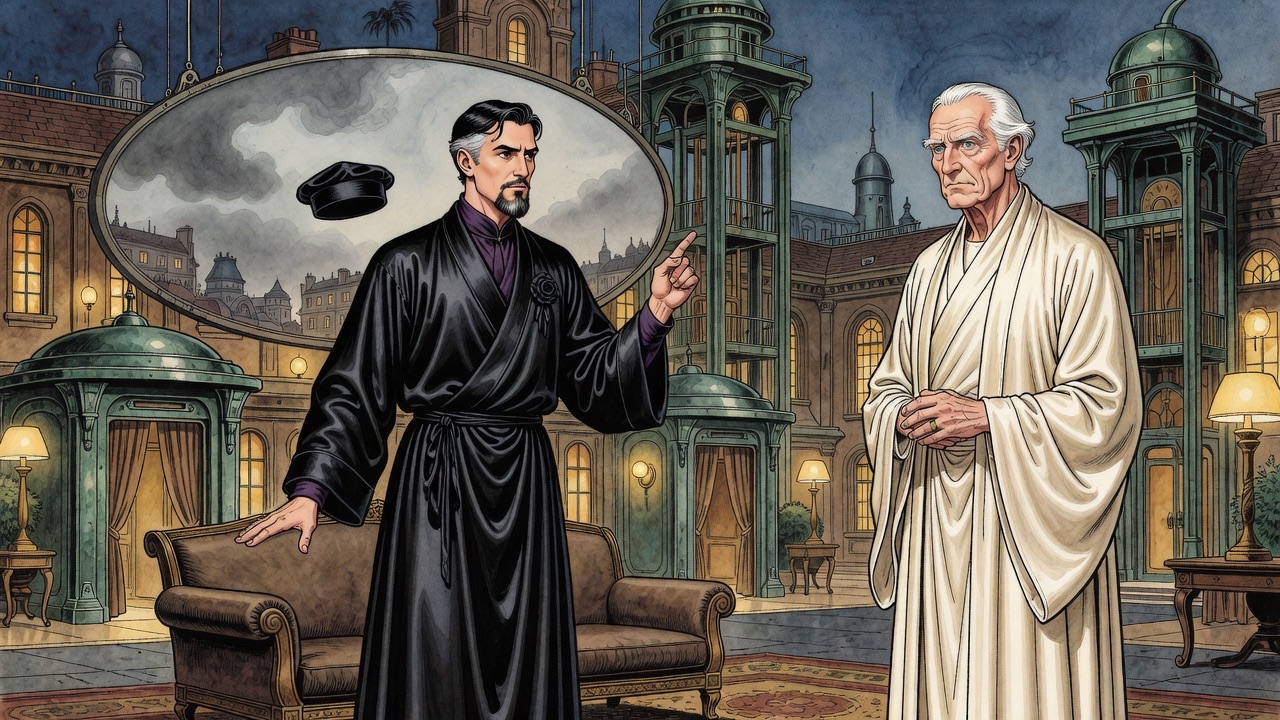 The Master brings his hand down decisively, forbidding, while the old man watches from under drooping brows.