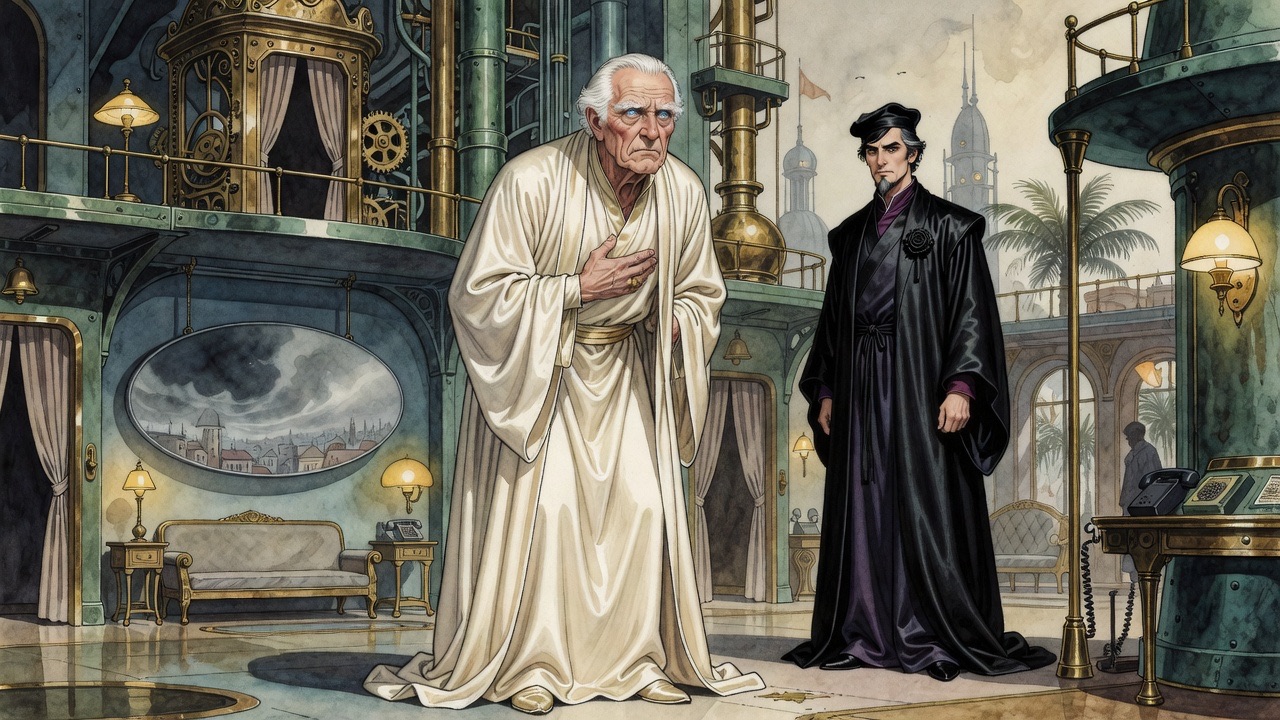 The old man in cream bows deeply, but his pale eyes stay fixed on the Master from beneath his brows.