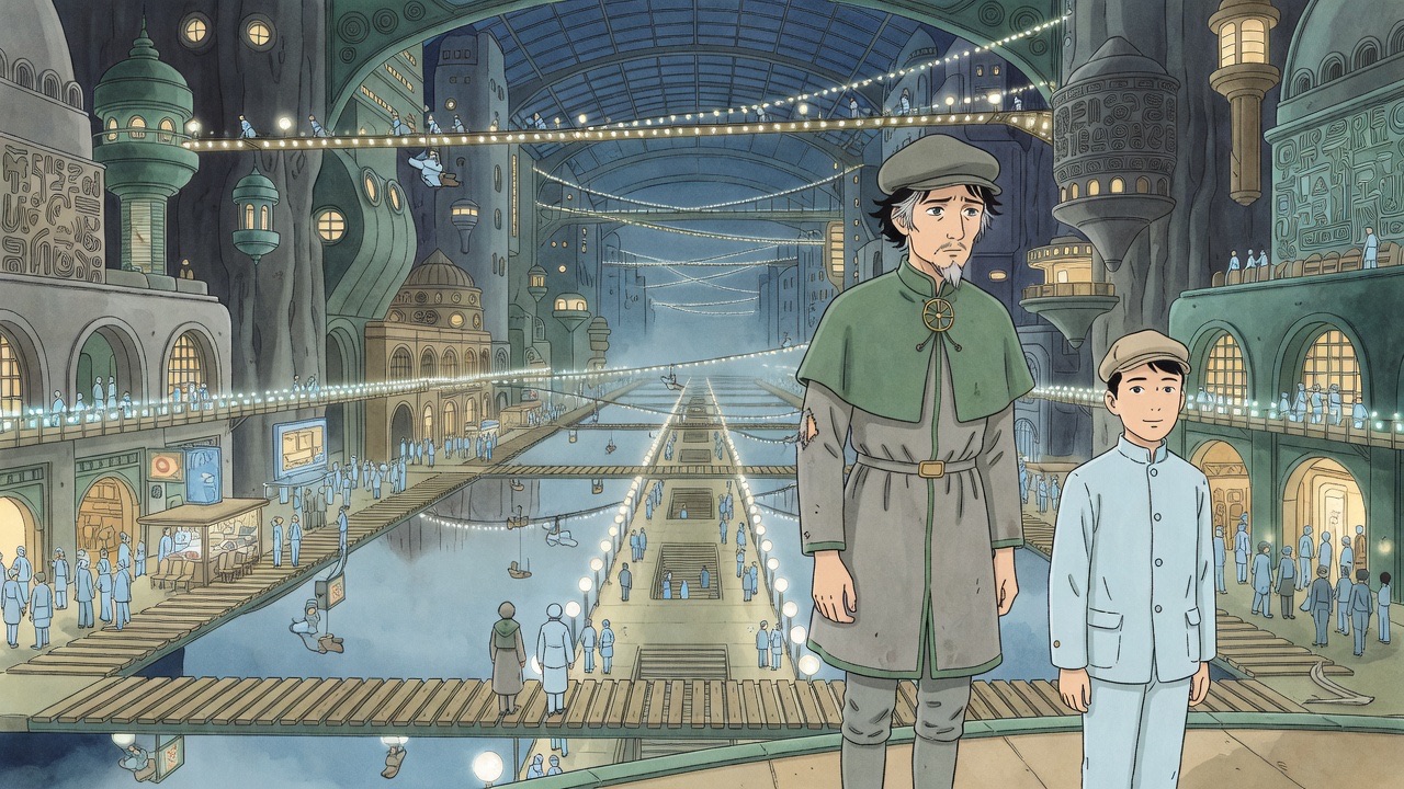 A vast night-lit city canyon of moving ways teems with crowds, two tiny figures among them.