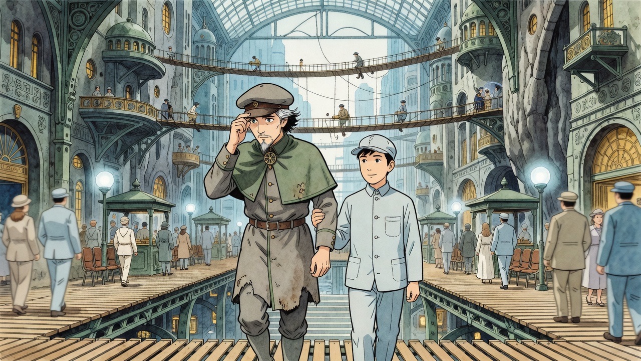 Graham in grey holiday disguise and Asano in blue canvas step onto a moving platform among the crowd.