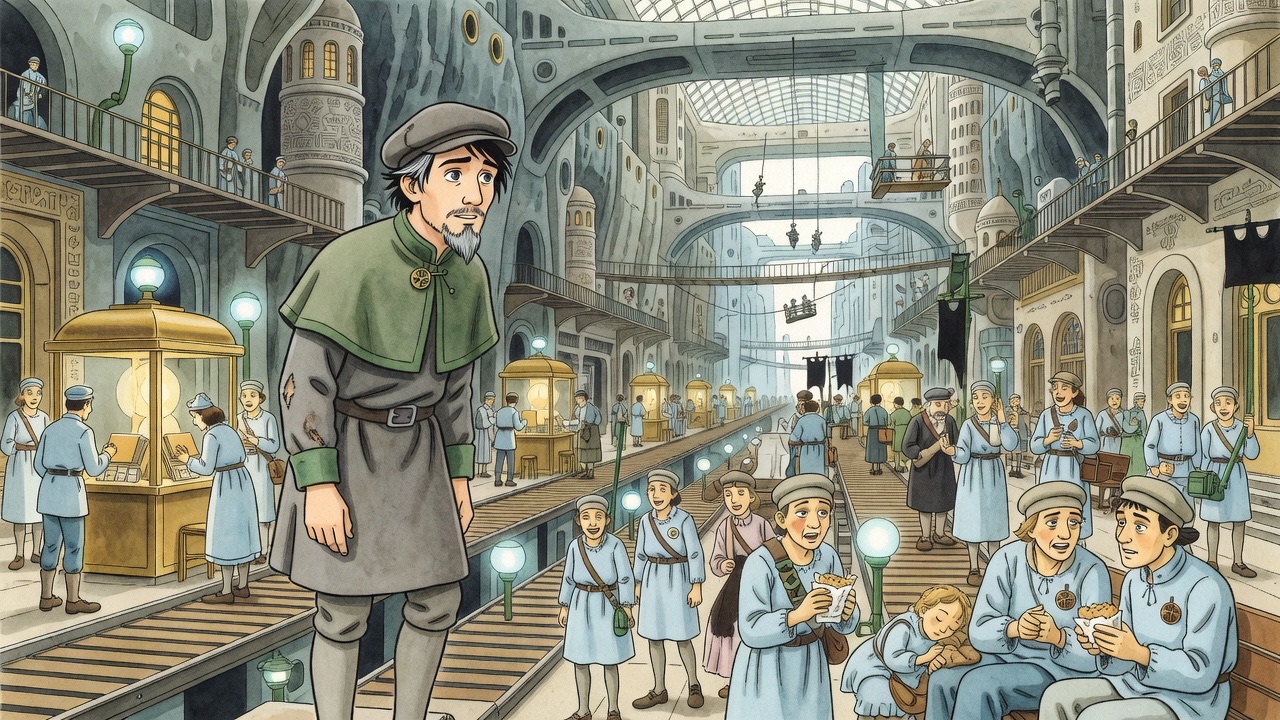 Over Graham's shoulder, ordinary night crowds eat, argue and shop along the moving ways.